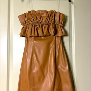 Do + Be Camel Tan Faux Leather Strapless Dress, Size Small
